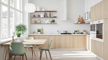 Fototapeta premium A Scandinavian kitchen with light wood cabinets, white walls, a pop of mint green, and a minimalist dining nook