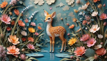 Naklejka premium Adorable Paper Deer in a Vibrant Floral Meadow Artistic Nature Scene
