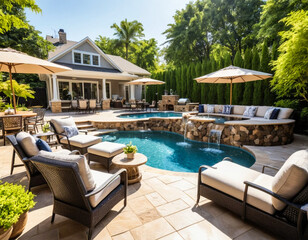 Fototapeta premium Photo of a luxurious backyard oasis with a sparkling pool and comfortable patio furniture 