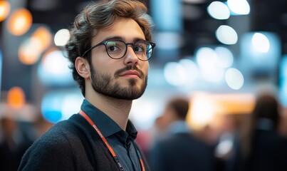 Obraz premium a man with glasses looking at the camera, blurry background.
