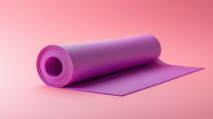 A rolled purple yoga mat, its surface smooth and textured, lay gracefully against a vibrant pink backdrop, inviting a moment of tranquility amidst the chaos.