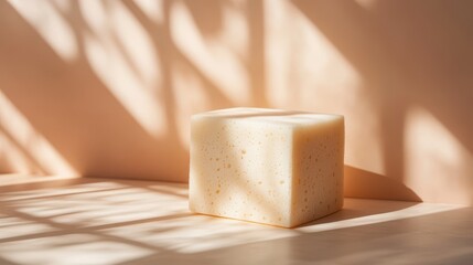 A solitary beige foam block, its texture smooth and yielding, rests on a delicate peach background, bathed in soft, natural light, creating a tranquil minimalist scene.