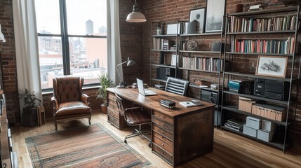 a loft-inspired home office with a large wooden desk, a vintage leather chair, and metal bookshelves filled with design books. 