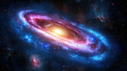 A vibrant galaxy with swirling colors of blue and pink surrounding a bright center, set against the backdrop of deep space.