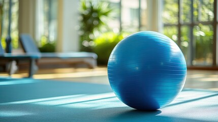 A vibrant blue exercise ball sat proudly on a sleek teal surface within a modern fitness setting, its round form symbolizing the energy and flexibility of exercise.