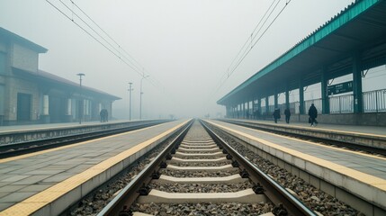 Fototapeta premium PM2.5 Urban Fog Concept, Foggy Train Station with Faint Outlines of Platforms and Tracks in Hazy Atmosphere