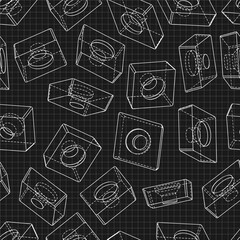 Mechanical engineering drawings on black background. Cutter, assembly tool with replaceable multi-faceted plate. Technical Design. Cover. Blueprint. Vector illustration. Seamless pattern.