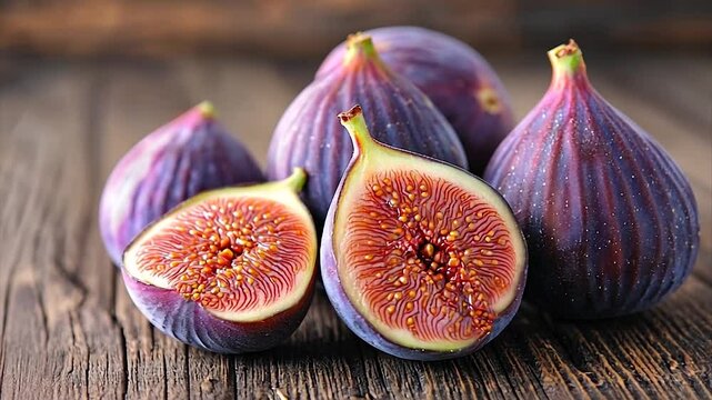 Freshly cut figs on rustic wooden table showcasing vibrant colors