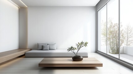 Fototapeta premium a minimalist living room with white walls, a low-profile gray sofa, a sleek wooden coffee table, and a large floor-to-ceiling window. 