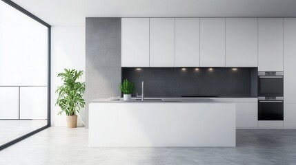 a minimalist kitchen with handleless white cabinets, a sleek gray countertop, and built-in modern appliances. 