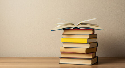 Fototapeta premium Stacked Books: Open Knowledge, Reading, Learning & Education | Academic Books on Wooden Table | Colorful Books