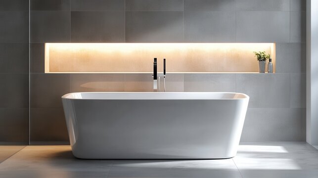 a modern minimalist bathroom with a freestanding white bathtub, large-format gray tiles