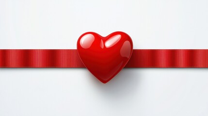 Red Heart on Ribbon, White Background