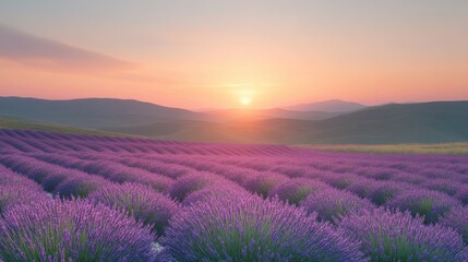 A serene lavender field under a colorful sunset, showcasing vibrant purple blooms against a tranquil sky.