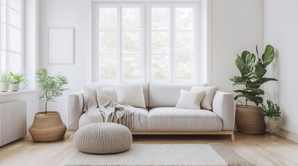a Scandinavian-style living room with white walls, light wood flooring, a soft gray sofa, and minimalist furniture. Large windows allow natural light to flood the space. 