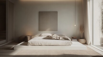 a serene minimalist bedroom with a low white platform bed, soft linen bedding, and a neutral color palette. A single abstract artwork on the wall 