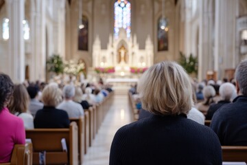 An interior view of a church filled with devoted attendees, showcasing a beautiful altar and stained glass windows, creating a serene atmosphere of worship and reflection.