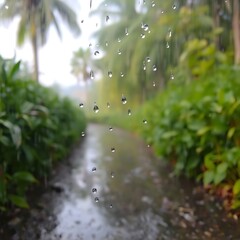 Rain falling on a path in a lush green garden.