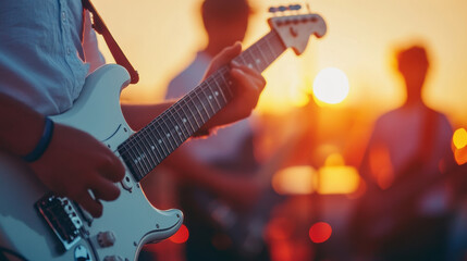 band performing on stage at sunset, with vibrant colors and energy