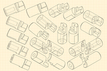 Mechanical engineering drawings on sepia background. Cutter, assembly tool with replaceable multi-faceted plate. Technical Design. Cover. Blueprint. Vector illustration.