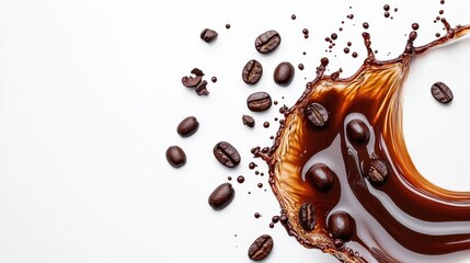 A dynamic splash of coffee with scattered beans, creating a vibrant, energetic composition against a clean white background.
