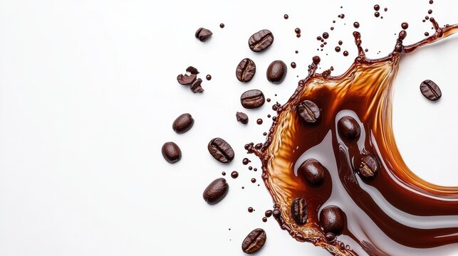 A dynamic splash of coffee with scattered beans, creating a vibrant, energetic composition against a clean white background.