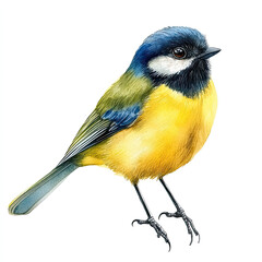 Obraz premium Yellow bird in the Springtime, watercolor great tit bird perched isolated on white background hand painted wildlife illustration