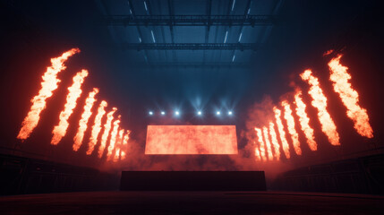 Futuristic stage with massive fire columns and vibrant lighting effects