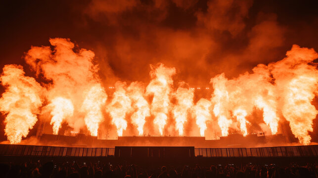 Gigantic concert stage engulfed in flames with powerful pyro effects