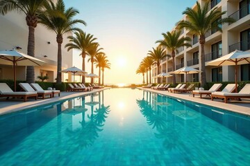 Sunlit swimming pool at exclusive hotel with palm trees, sunbathing, high-end, serene
