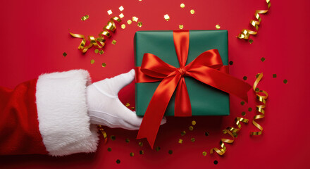 Santa's Green Gift: Holiday Cheer, Red Ribbon, & Gold Confetti - Spread Christmas Joy! ????