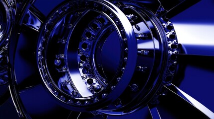 A high-tech 3D-rendered abstract blue metal surface with geometric forms and dynamic lighting effects.