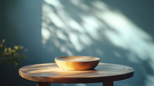 A simple wooden tabletop, bathed in the warm glow of an unseen light source, stands against a muted blue backdrop of a softly blurred room, creating a tranquil and inviting scene.