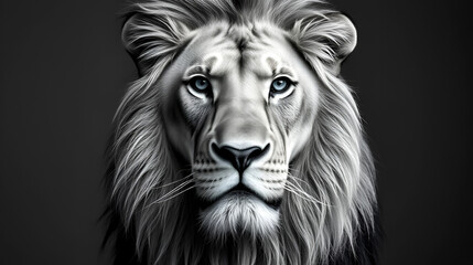 Naklejka premium Magnificent Closeup Studio Black and White Portrait of a Strong Male African Lion King Panthera Leo Head with Mane with Calm Face and Blue Eyes. Horoscope Zodiac Symbol Sign. Majestic Wildlife Animals
