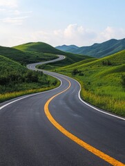 Naklejka premium Driving on a Scenic Mountain Road with Green Hills and Open Sky