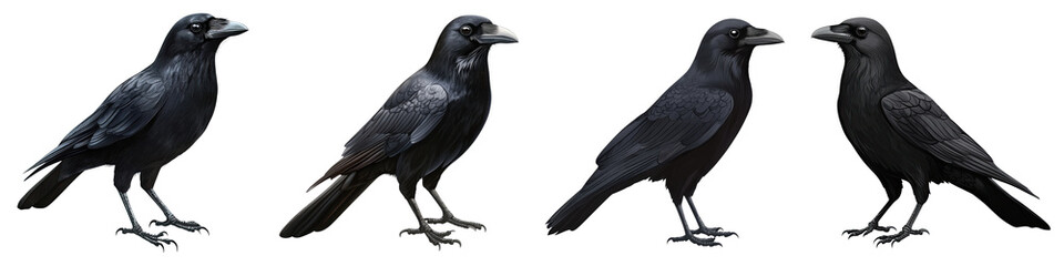 Fototapeta premium Four ravens displaying various poses and expressions on a transparent background.
