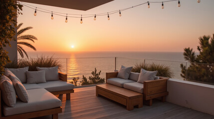serene sunset view from modern balcony with cozy seating and string lights