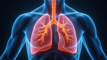 detailed illustration of human lungs with glowing effect, showcasing bronchial tree and alveoli. image highlights respiratory anatomy