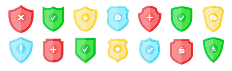 Set of security shield icons, security shields logotypes with chackmark, lock, star, cross, download, attention sign isolated on transparent