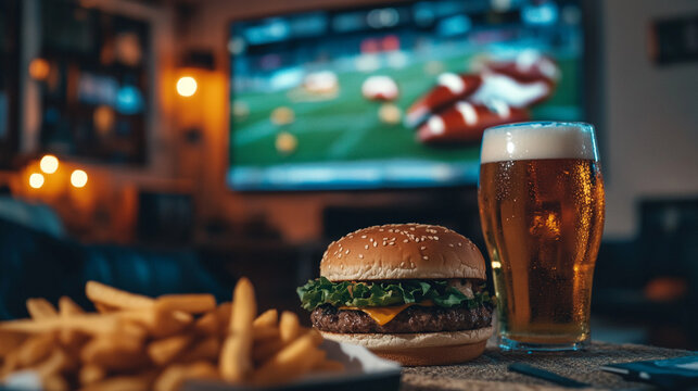 Delicious cheeseburger fries beer game night watching television fun food meal home cold drink tasty