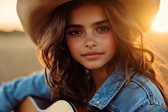 Young texan female teen with guitar and cowboy hat in sunlit field