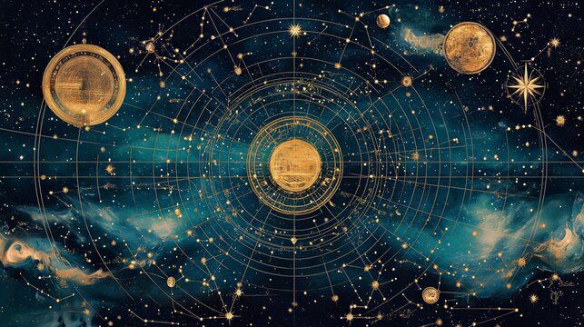 Visually stunning Persian-inspired celestial map featuring golden planets
