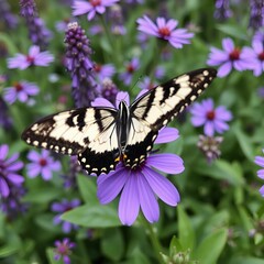 Naklejka premium A butterfly on a flower and a butterfly on a thistle in a vibrant garden, showcasing its colorful wings and nature's beauty