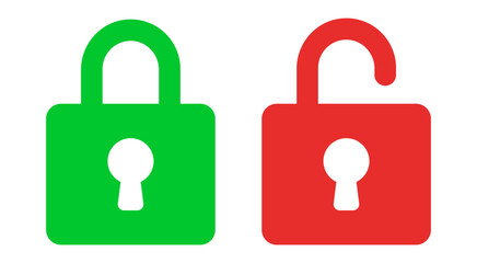 Lock icon set isolated on transparent. Security and protection symbol. Locked and unlocked icon. Red and green color