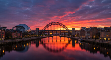 Naklejka premium Tyne Sunrise: Newcastle's Bridges & Reflections Under a Fiery Sky - A Stunning Cityscape!