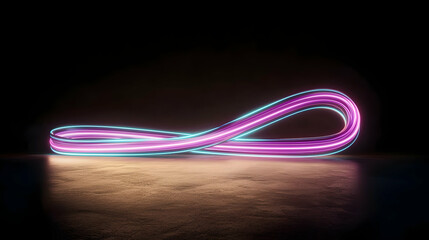 Vivid Pink And Blue Neon Light Ribbon Forming An Infinity Symbol Against A Dark Background With Subtle Ground Illumination