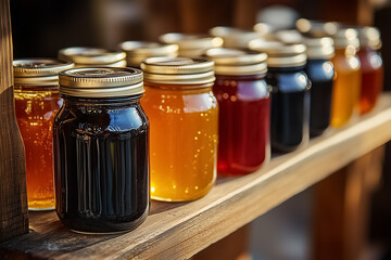A captivating assortment of jars filled with different types of honey showcases golden hues and rich textures. This cozy market setting exudes warmth during the early afternoon light
