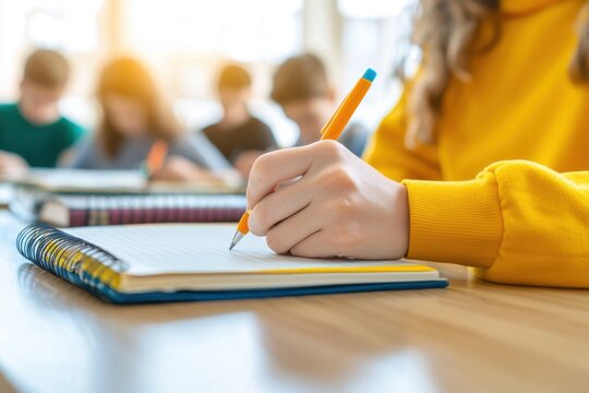 A student writes in a notebook during a classroom session, highlighting focus and engagement in learning.