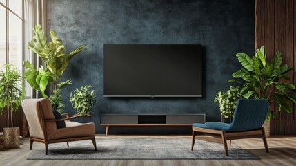 A modern living room with a blank TV screen.

