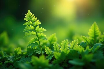 Dew-kissed fern leaves unfurl in morning light, leafy, foliage
